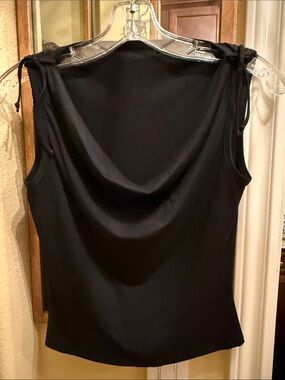 BCBG MaxAzria Black Cowl Neck Gathered Shoulder w/ Tie Stretchy Tank Top XS VTG